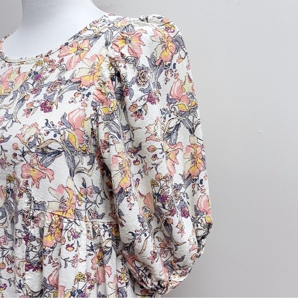 Ava James Multi Color Floral Print Puff Sleeve Linen Blend Mini Dress Medium - Picture 3 of 8